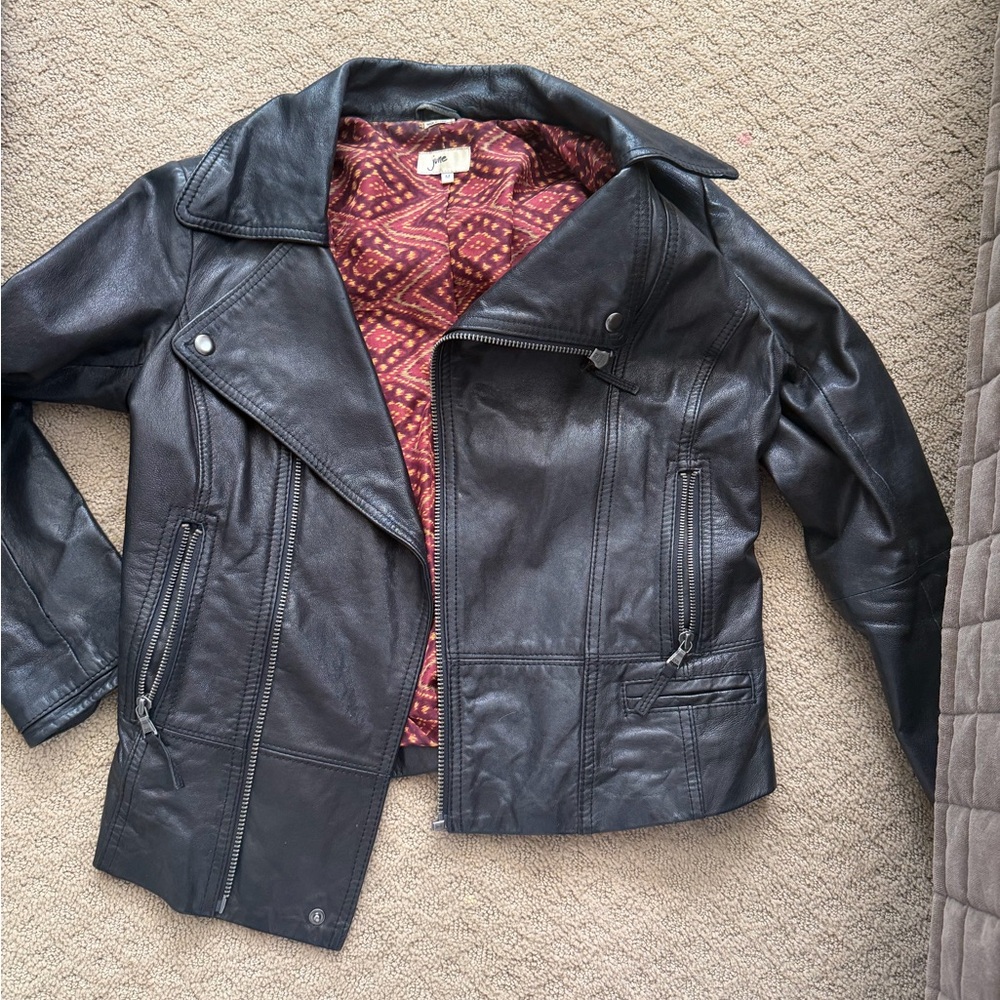 Black Leather Moto Jacket with Printed Lining